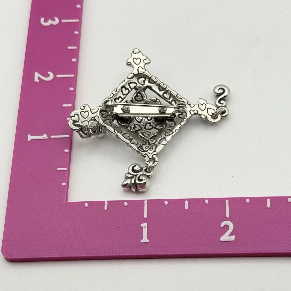 Brighton Silver Tone Brooch Diamond Shape Fleur de Lis Flower Dangle Charm Pin